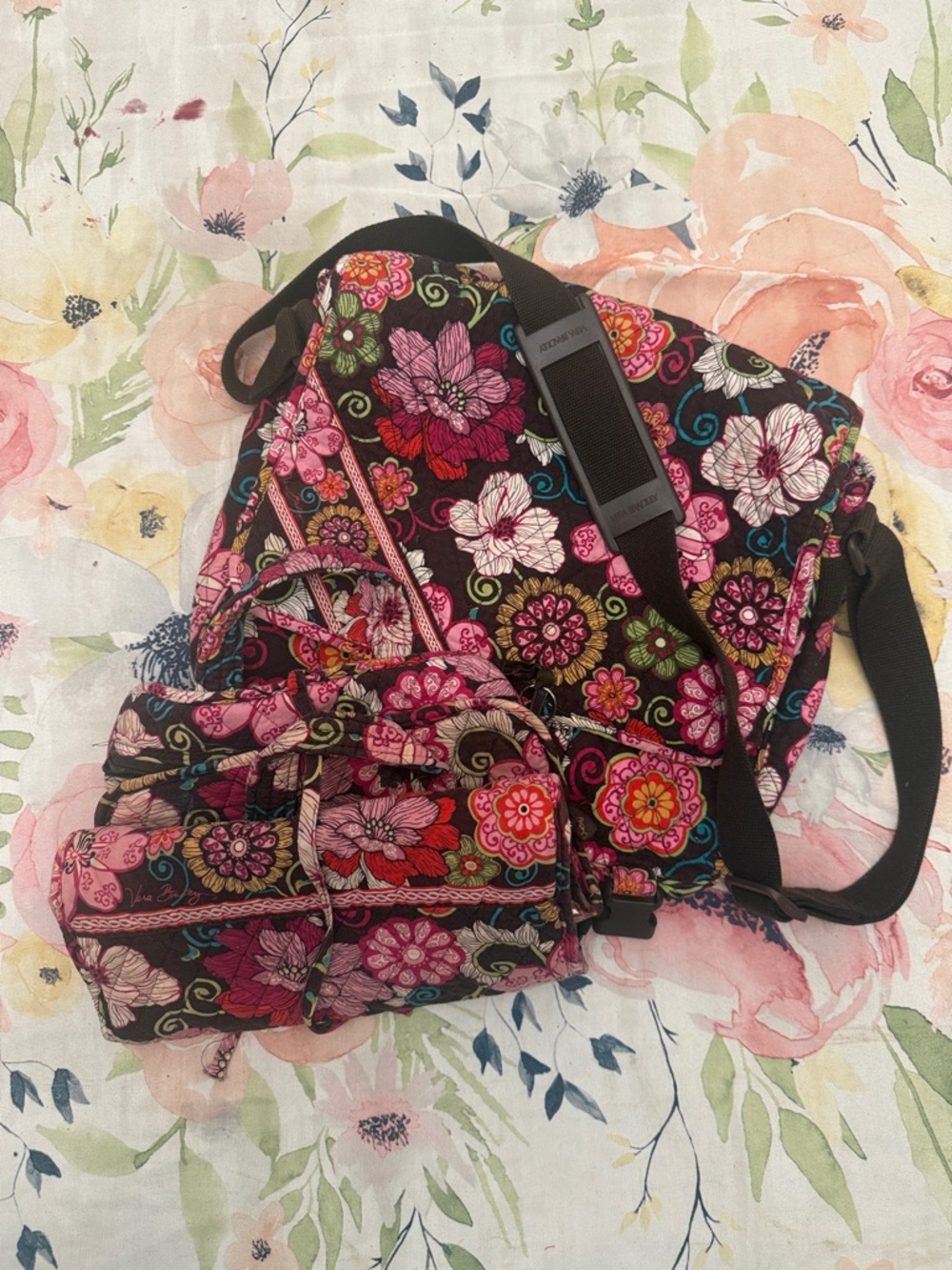 Vera Bradley Black Quilted Floral Crossbody with Wristlet - Pink Multi